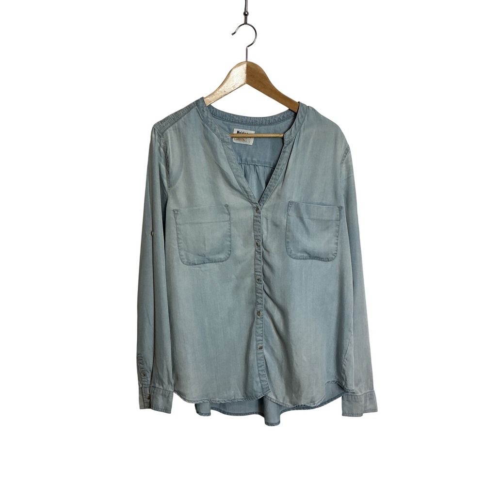 Anthropologie Holding Horses Large Stonewash Chambray Embroidered Button Up Top